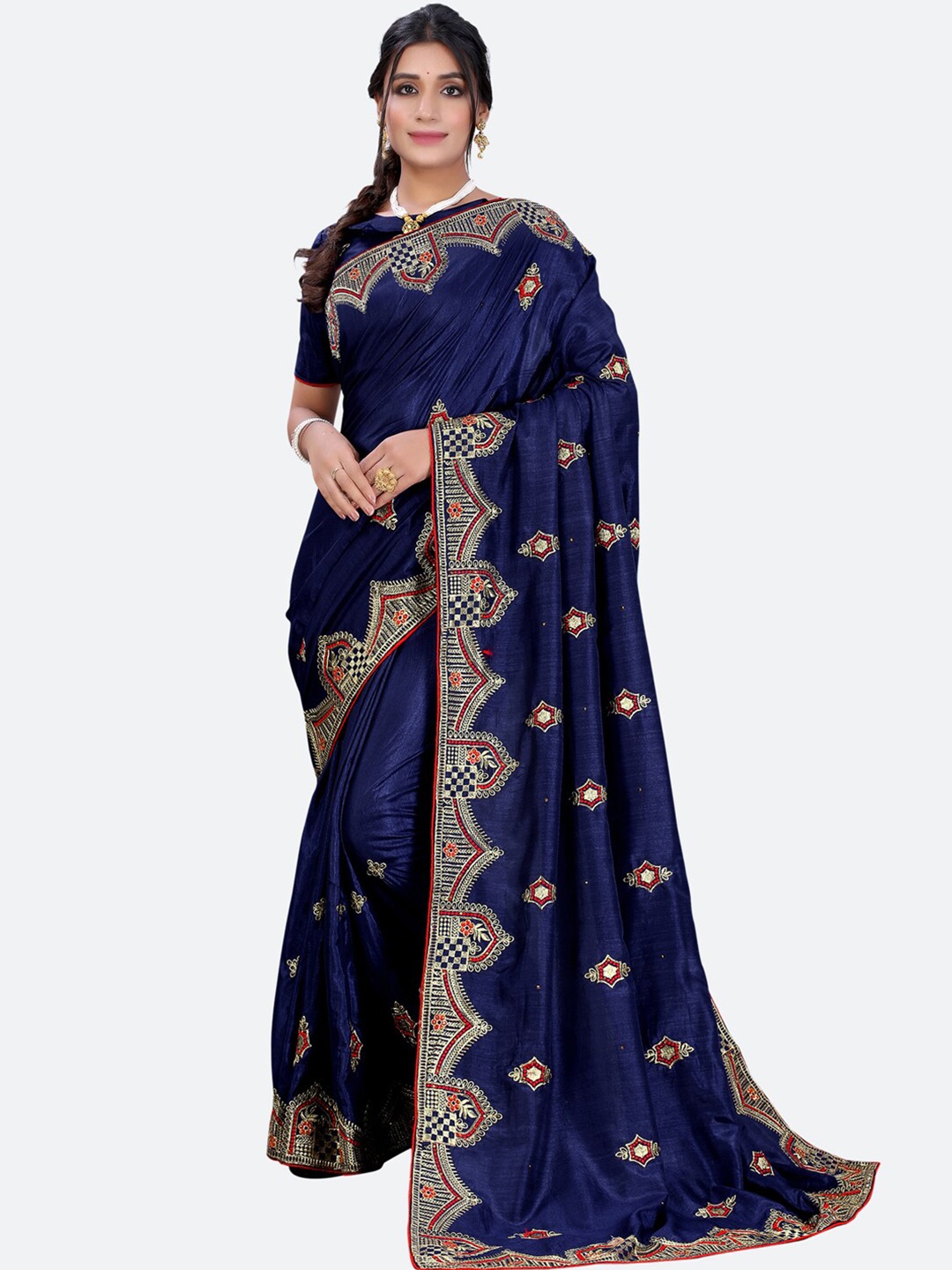 

Satrani Navy Blue & Red Floral Embroidered Saree