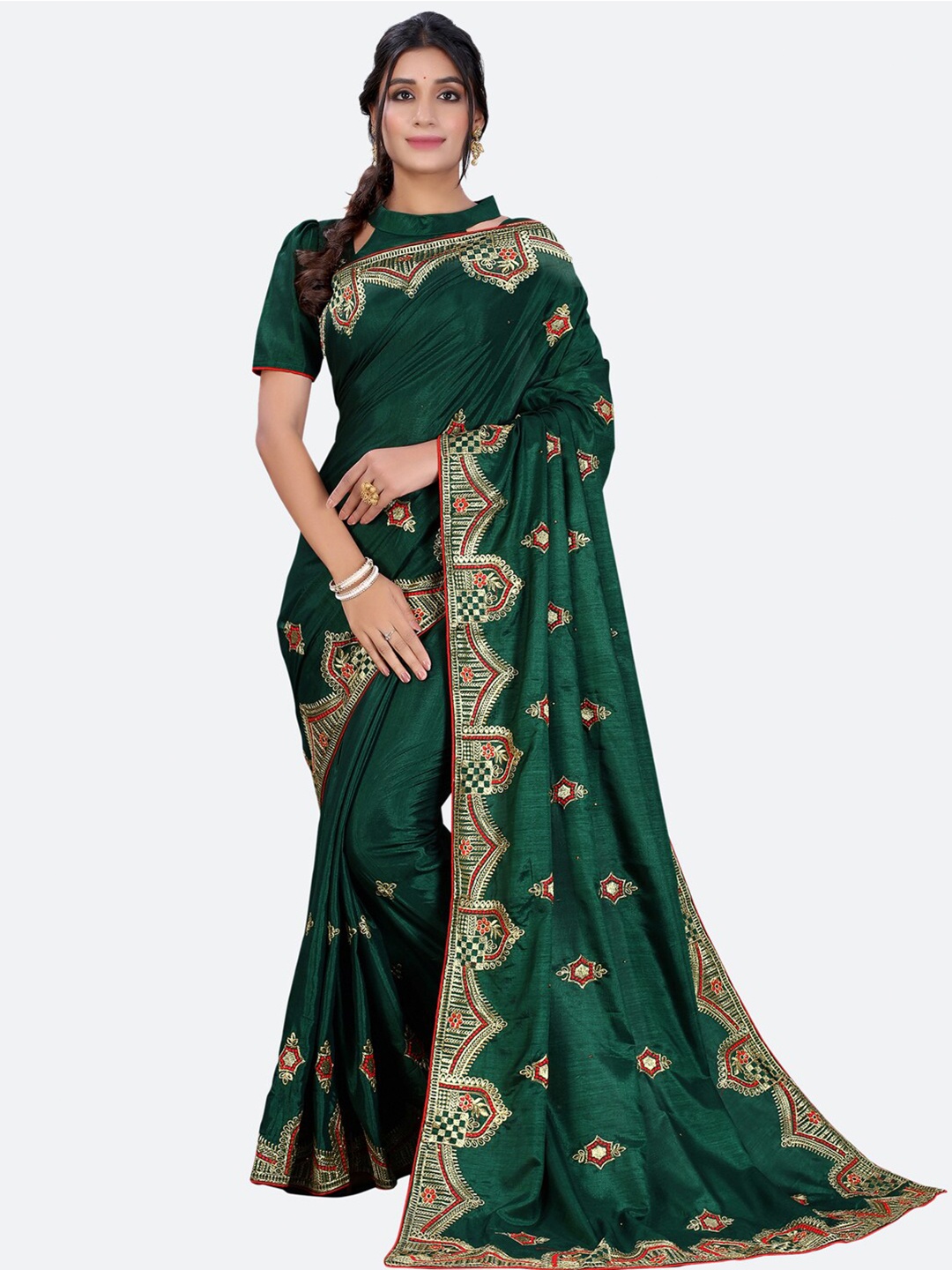 

Satrani Green Floral Embroidered Saree