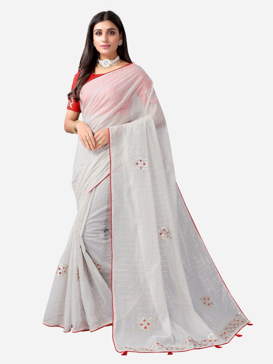 

Satrani Grey & Red Floral Zari Kota Saree