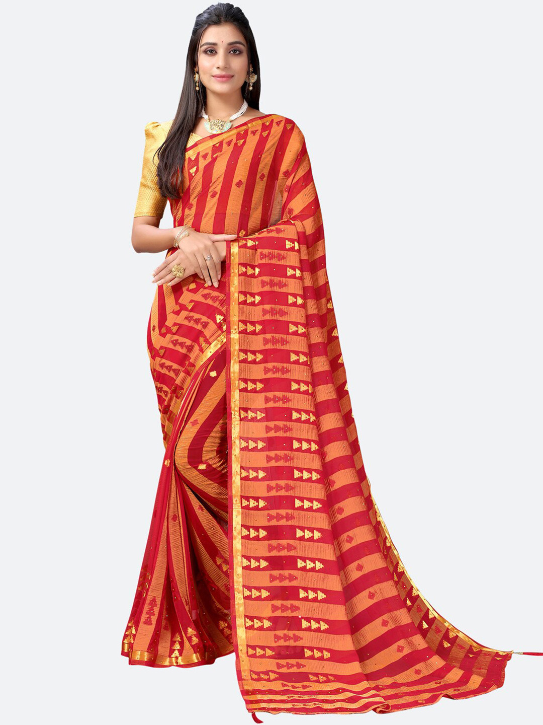 

Satrani Red & Gold-Toned Striped Chiffon Zari Saree