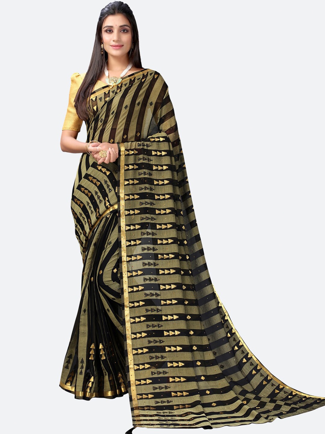 

Satrani Black & Gold-Toned Striped Saree