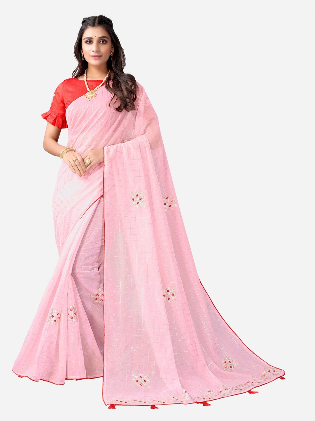 

Satrani Pink & Silver-Toned Floral Zari Kota Saree