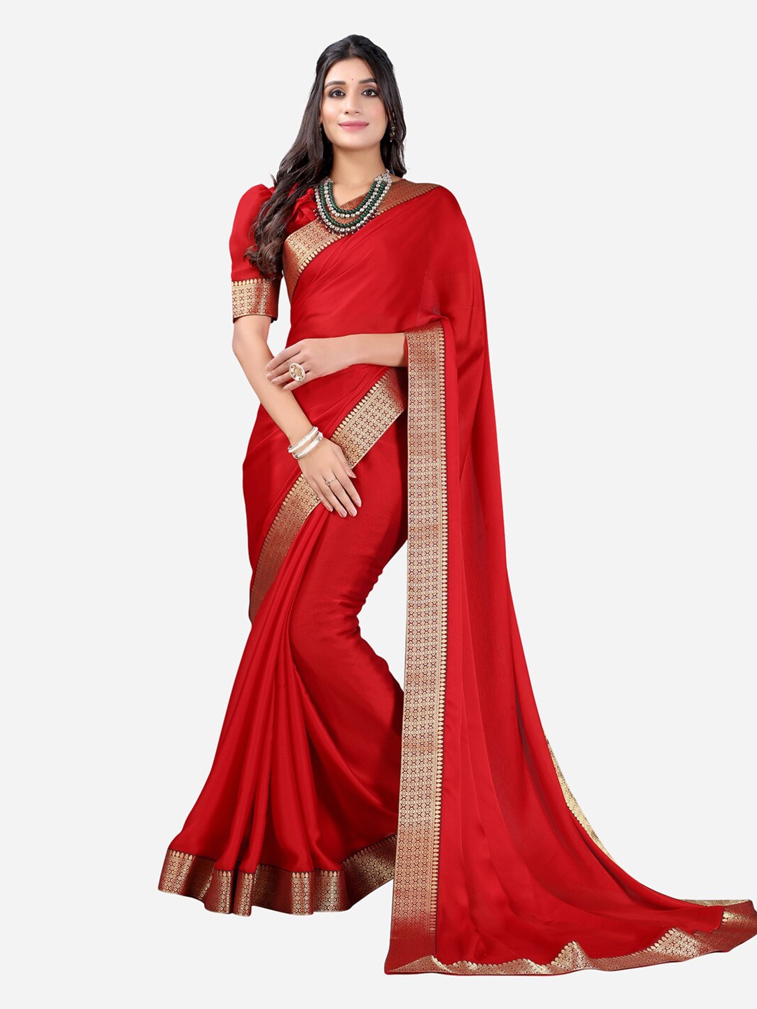 

Satrani Red & Gold-Toned Zari Satin Saree