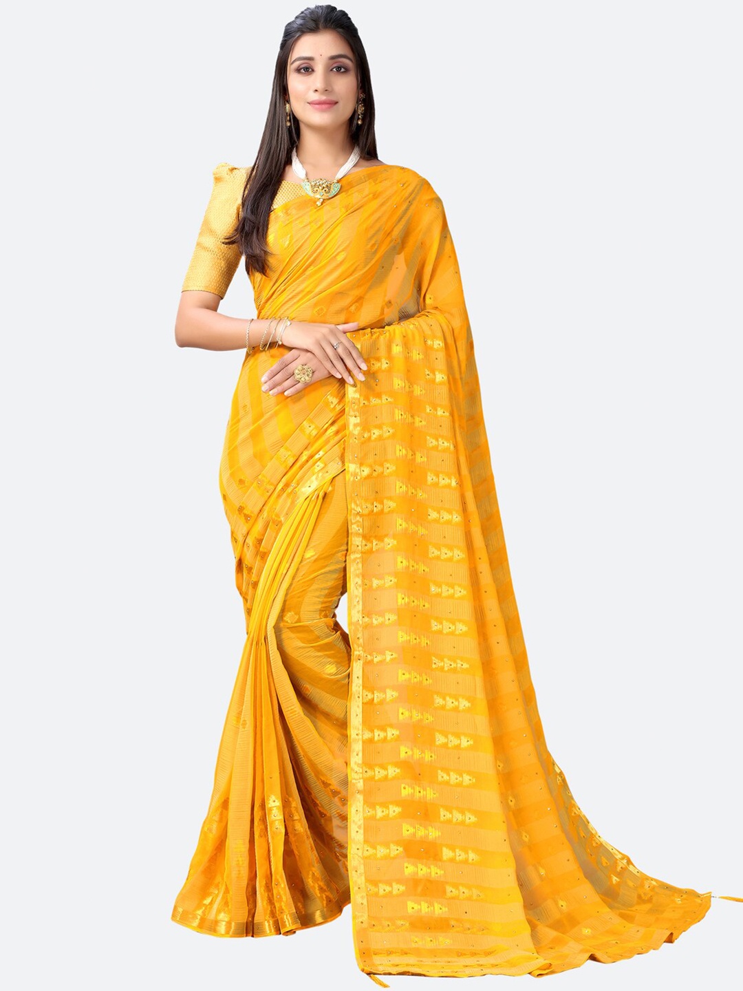 

Satrani Yellow & Gold-Toned Embroidered Saree