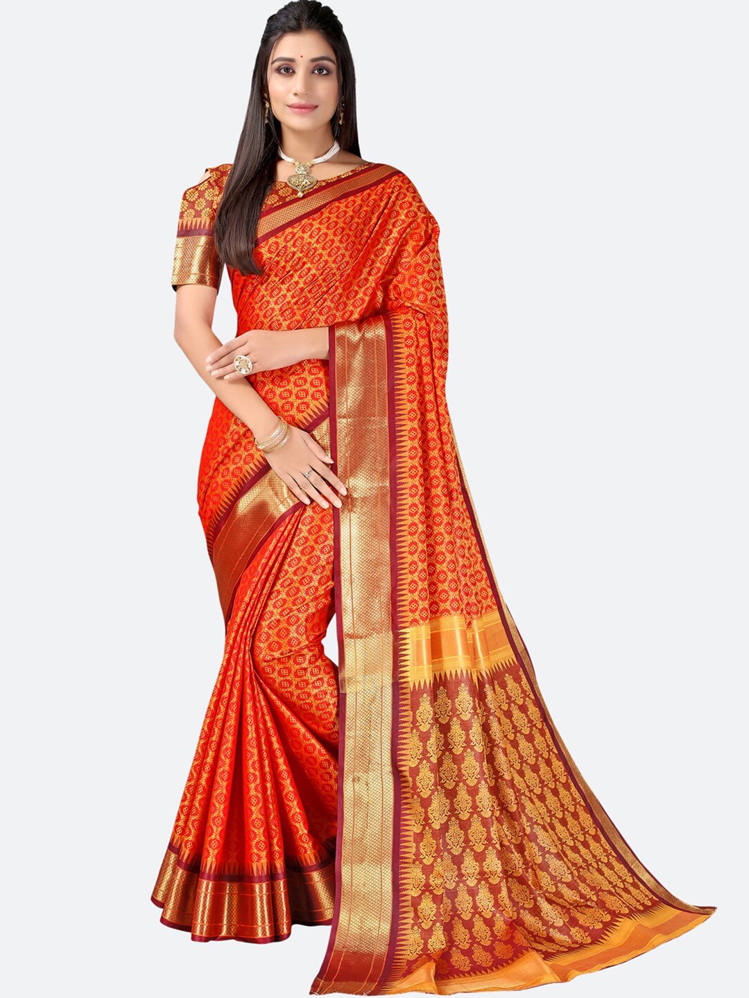 

Satrani Yellow & Gold-Toned Woven Design Zari Saree