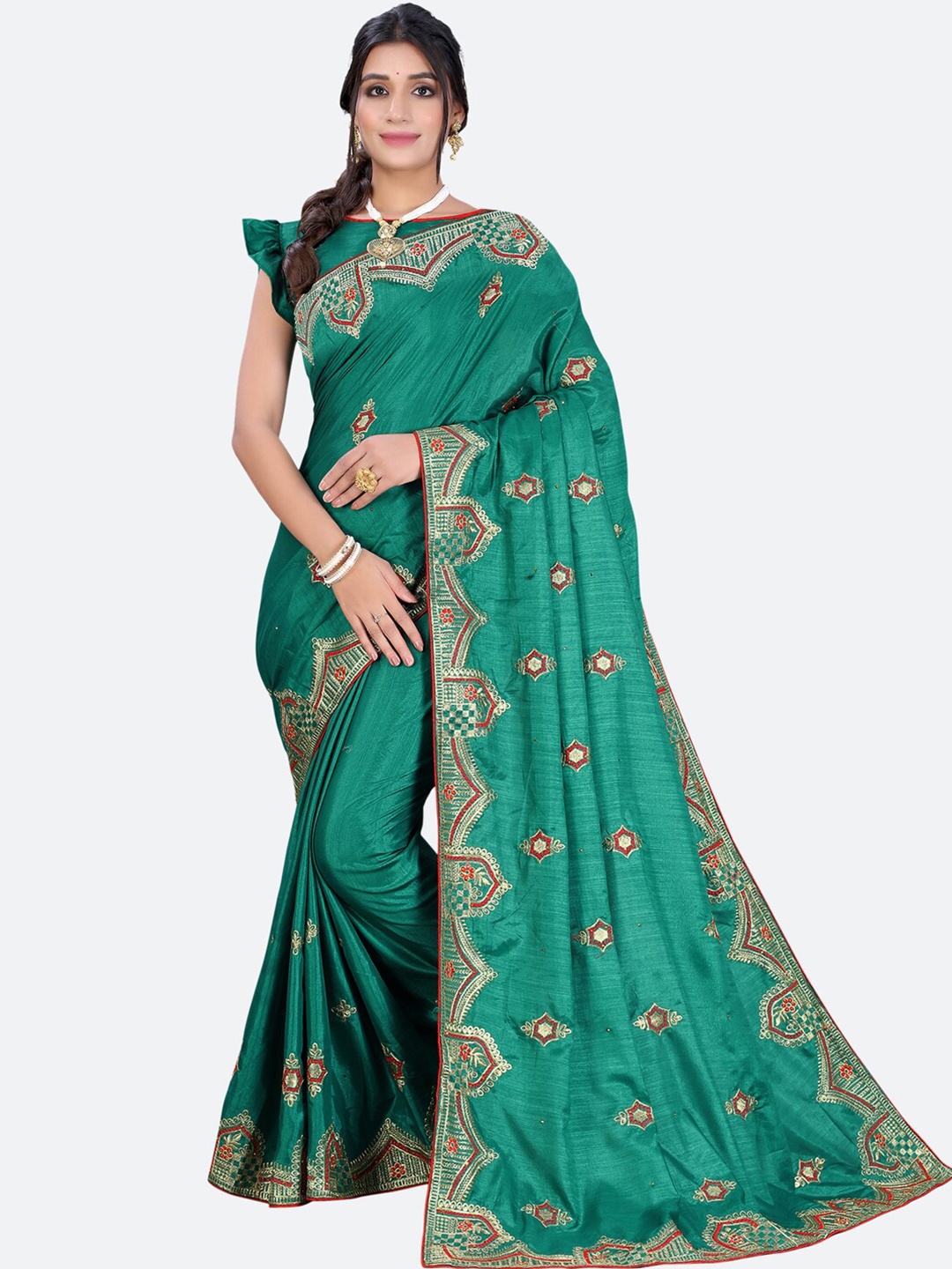 

Satrani Green & Gold-Toned Floral Embroidered Saree