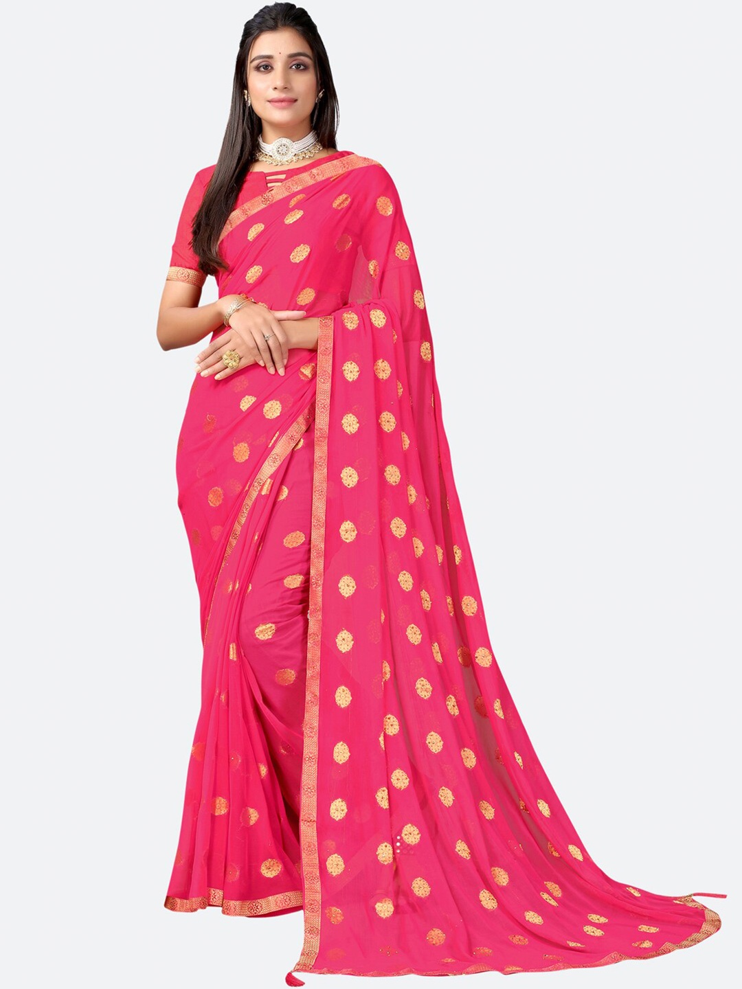 

Satrani Pink & Gold-Toned Floral Zari Saree