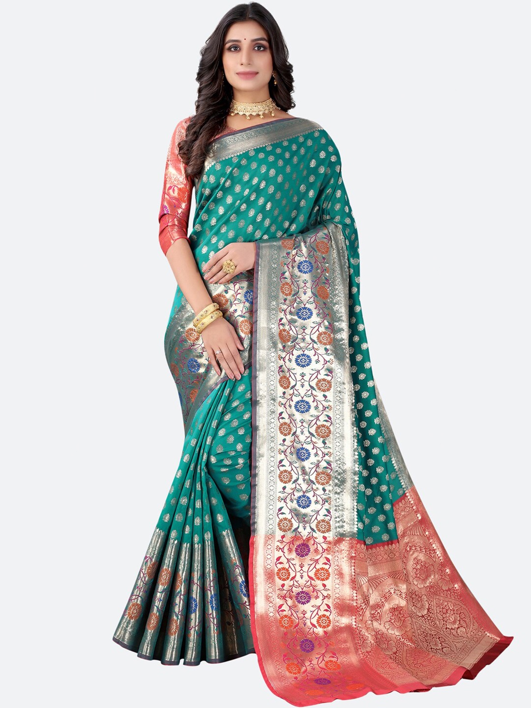 

Satrani Green & Silver-Toned Floral Zari Silk Blend Paithani Saree