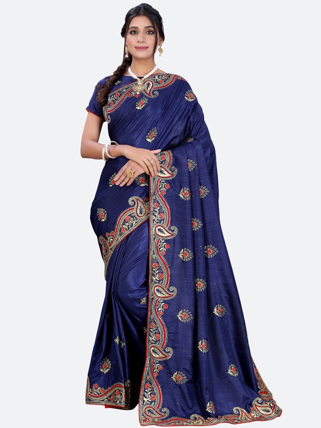

Satrani Navy Blue & Gold-Toned Poly Silk Paisley Embroidered Saree