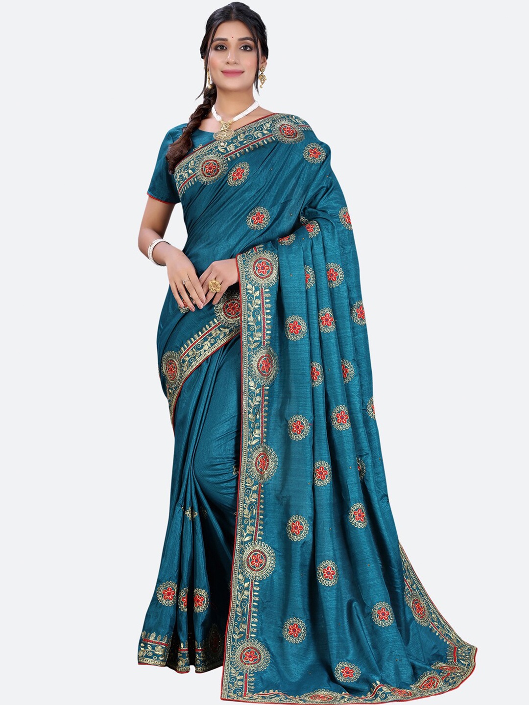 

Satrani Blue & Gold-Toned Poly Silk Floral Embroidered Saree