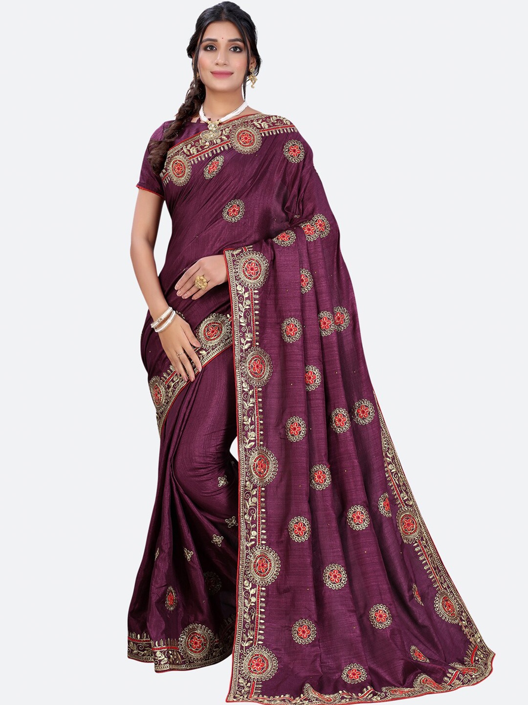 

Satrani Purple & Gold-Toned Floral Embroidered Saree