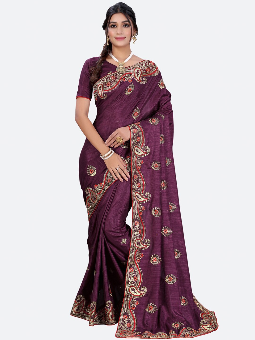 

Satrani Purple & Gold-Toned Poly Silk Embroidered Floral Saree