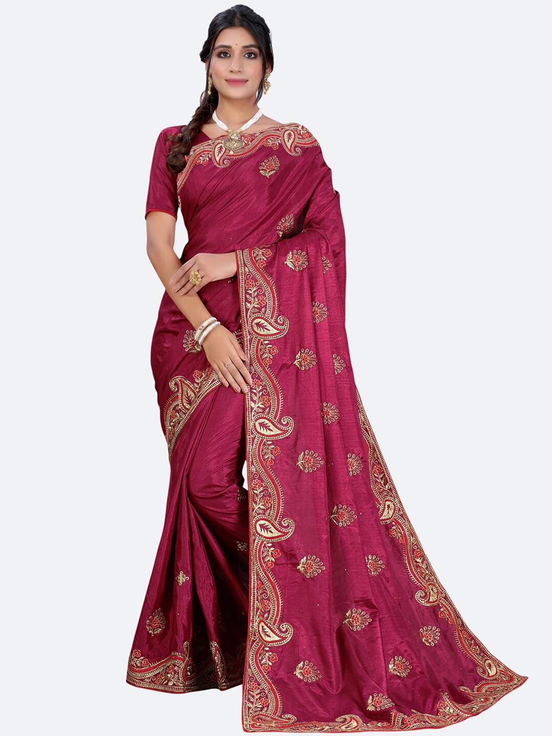 

Satrani Maroon & Gold-Toned Floral Embroidered Saree