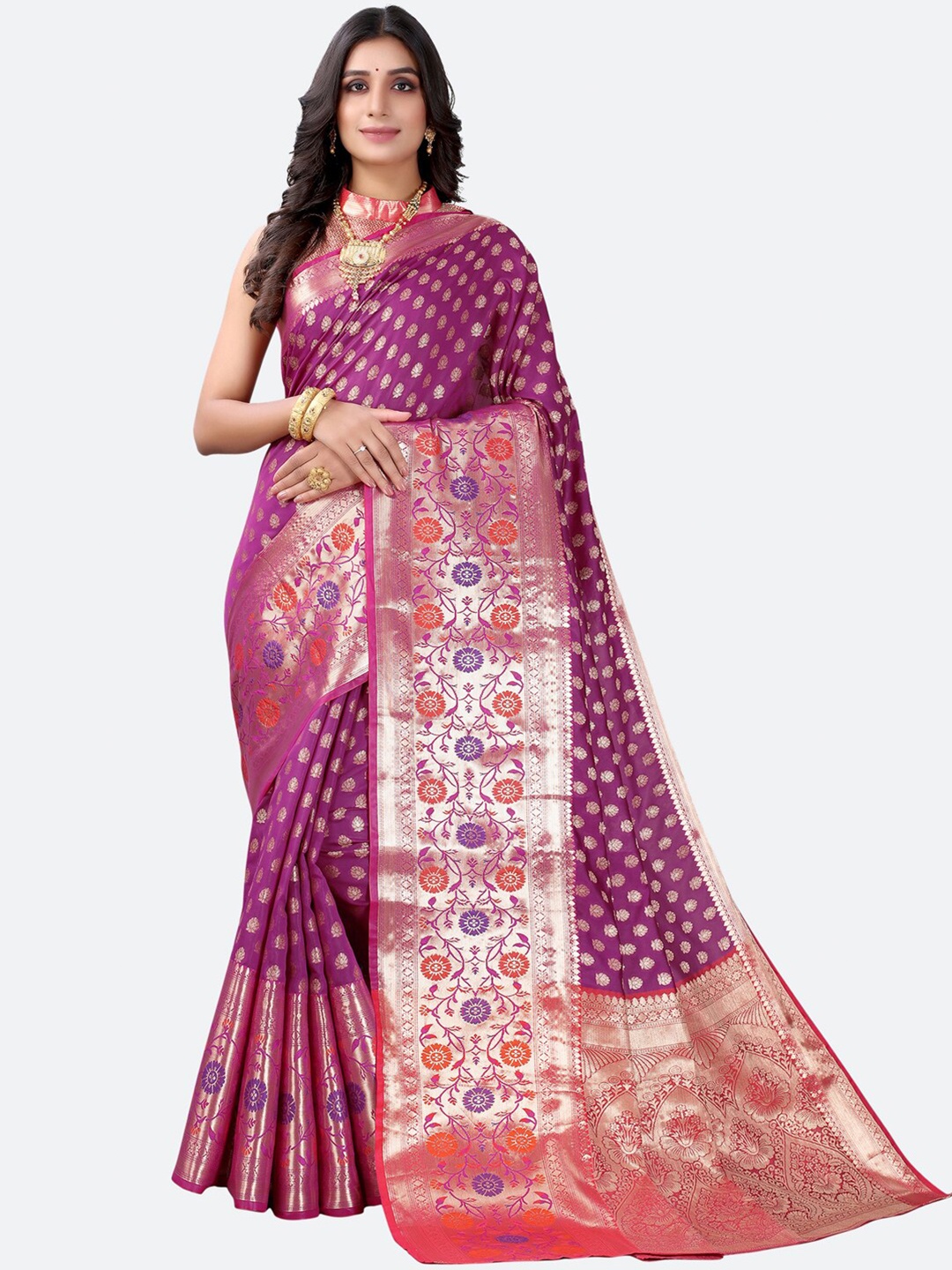 

Satrani Purple & Gold-Toned Woven Design Zari Silk Blend Paithani Saree