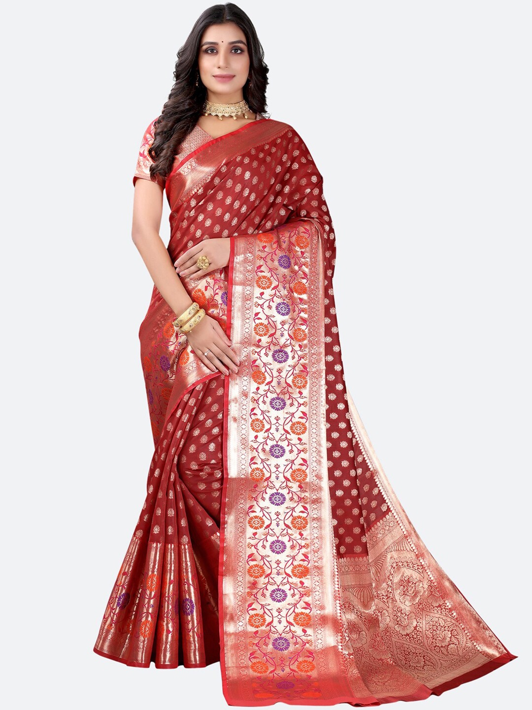 

Satrani Maroon & Gold-Toned Floral Zari Silk Blend Paithani Saree