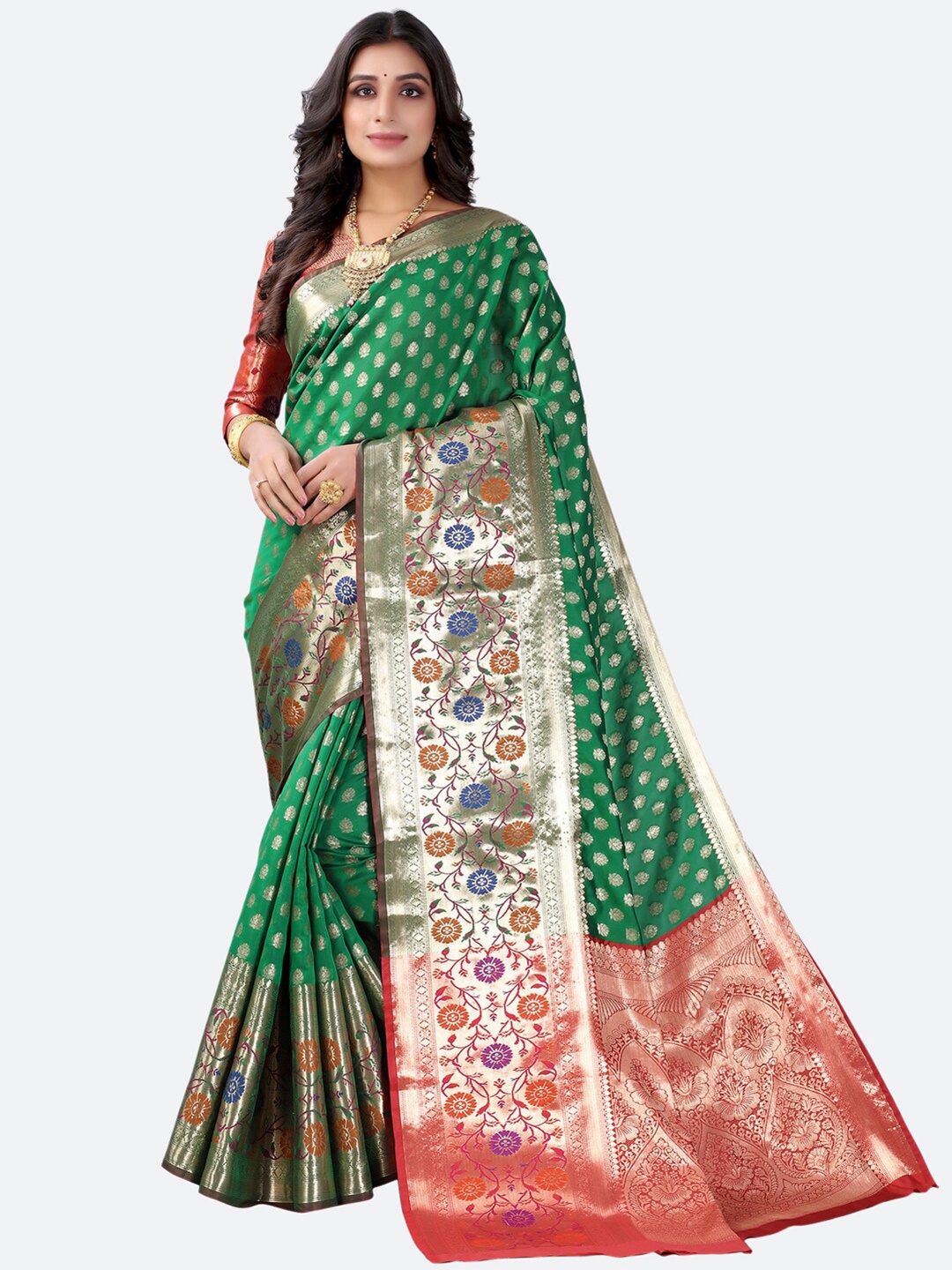 

Satrani Green & Silver-Toned Floral Zari Silk Blend Paithani Saree