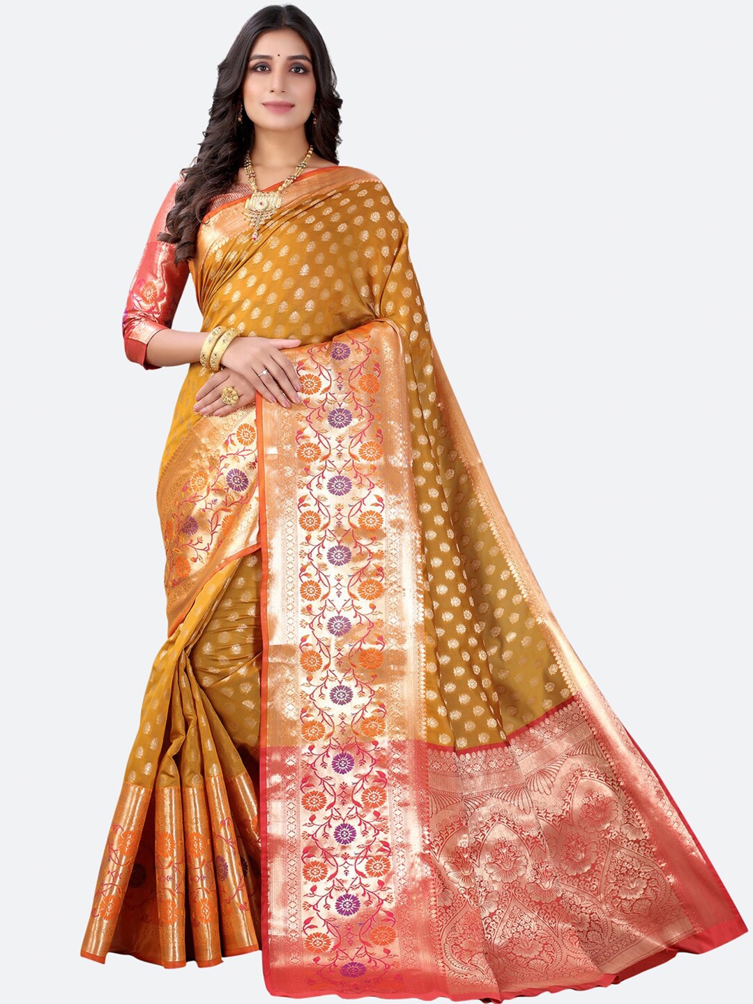 

Satrani Mustard Yellow & Gold-Toned Floral Zari Silk Blend Paithani Saree