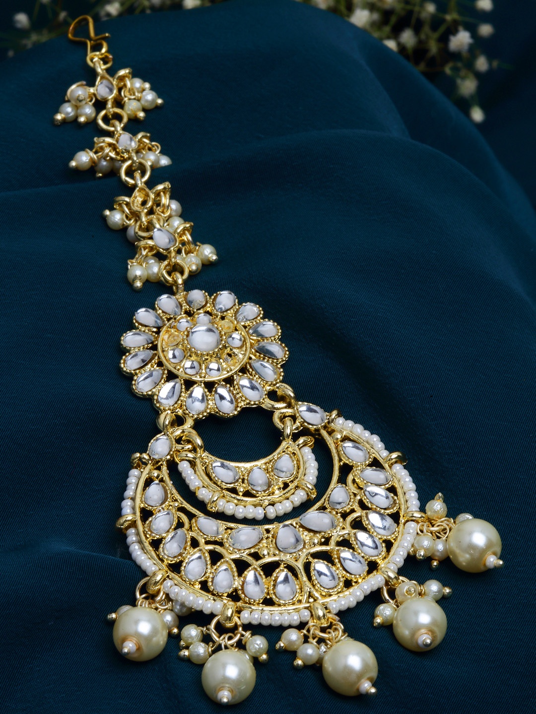 

PANASH Gold-Plated Kundan-Studded Pearl-Beaded Handcrafted Maang Tika
