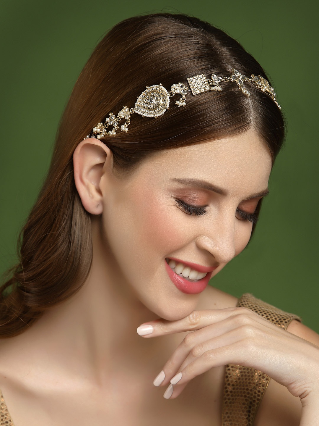 

PANASH Women Gold-Toned & White AD Embellished Studded Head Chain