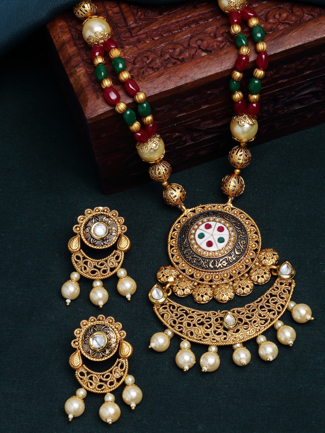 

PANASH Gold-Plated White & Red Pearl Studded & Beaded Handcrafted Jewellery Set