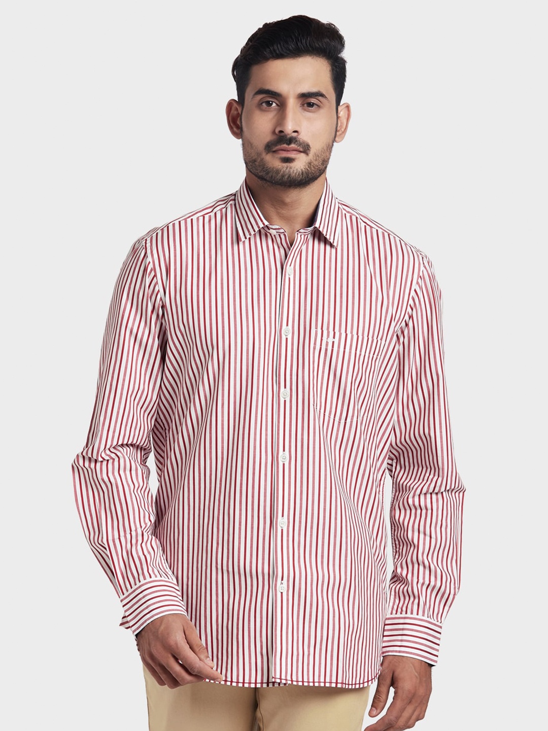 

ColorPlus Men Red Tailored Fit Striped Cotton Casual Shirt