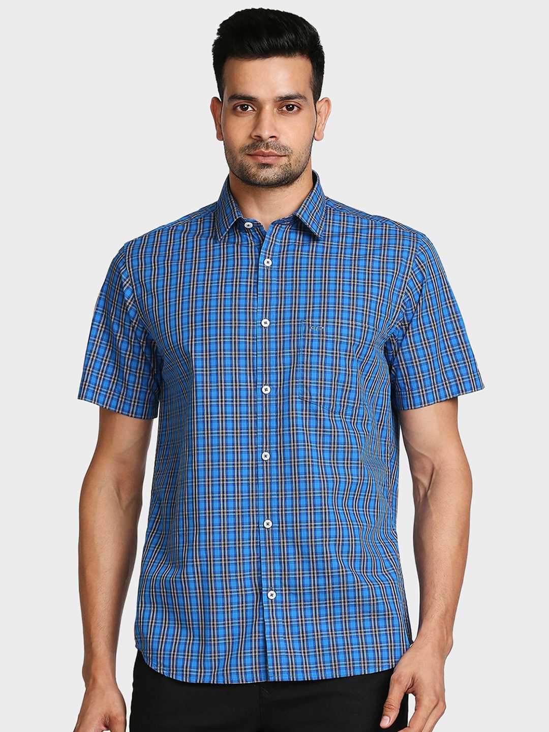 

ColorPlus Men Plus Size Blue Tailored Fit Checked Cotton Casual Shirt