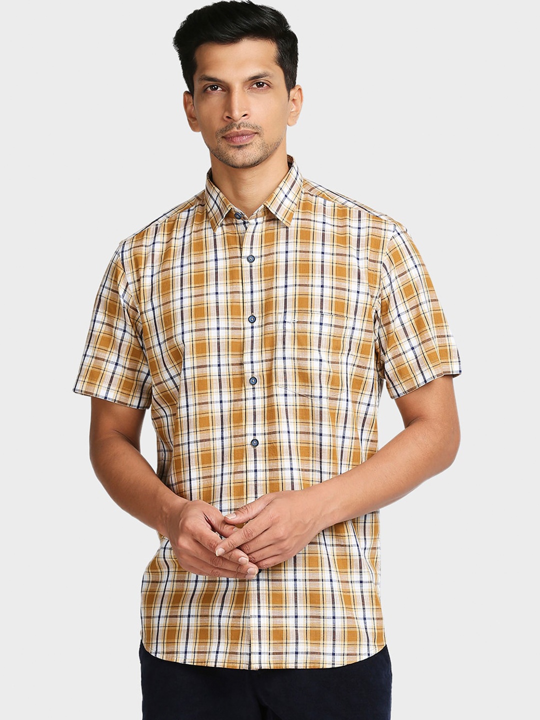 

ColorPlus Men Yellow Tailored Fit Cotton Checked Casual Shirt