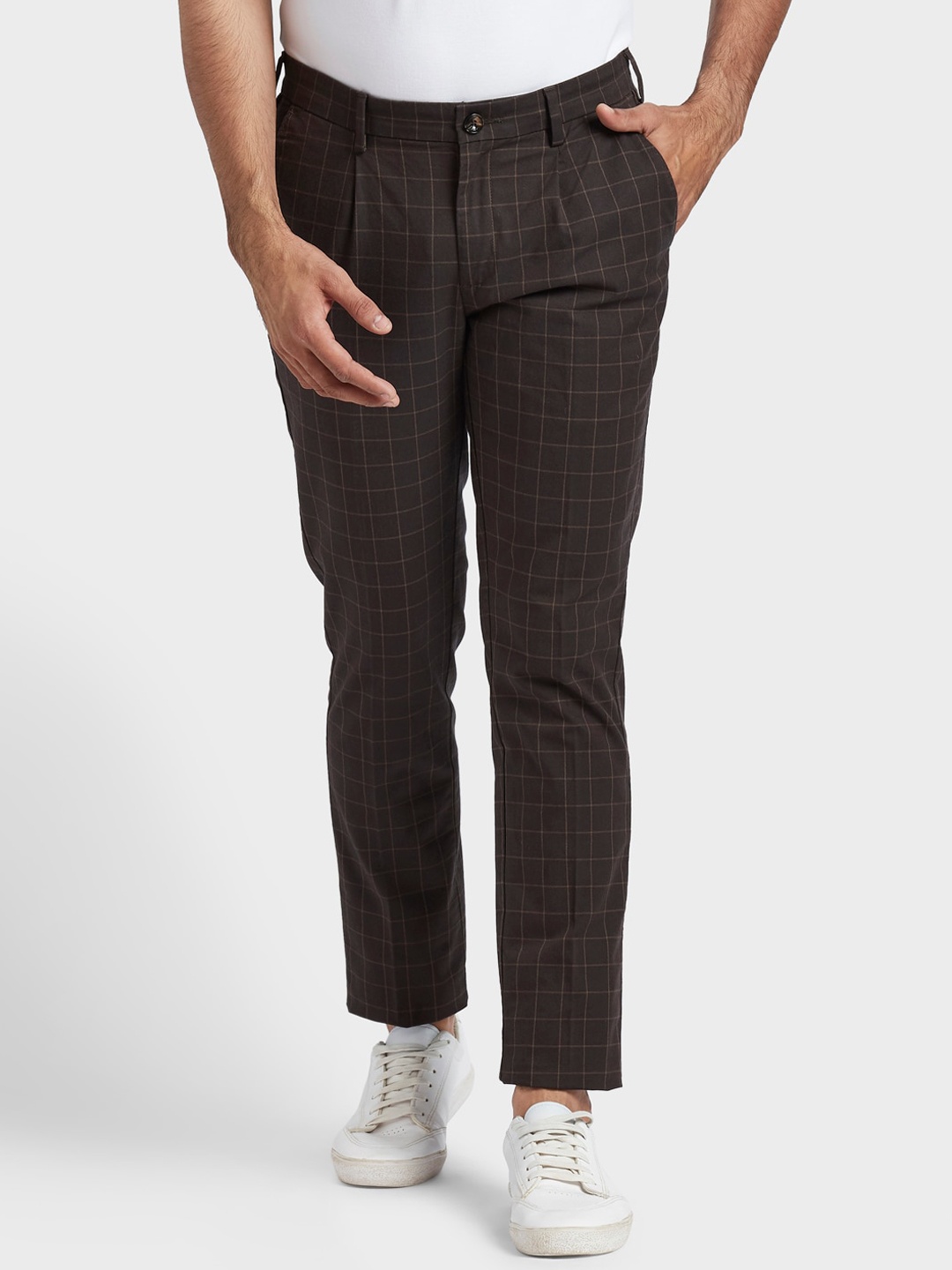 

ColorPlus Men Brown Checked Pleated Trousers