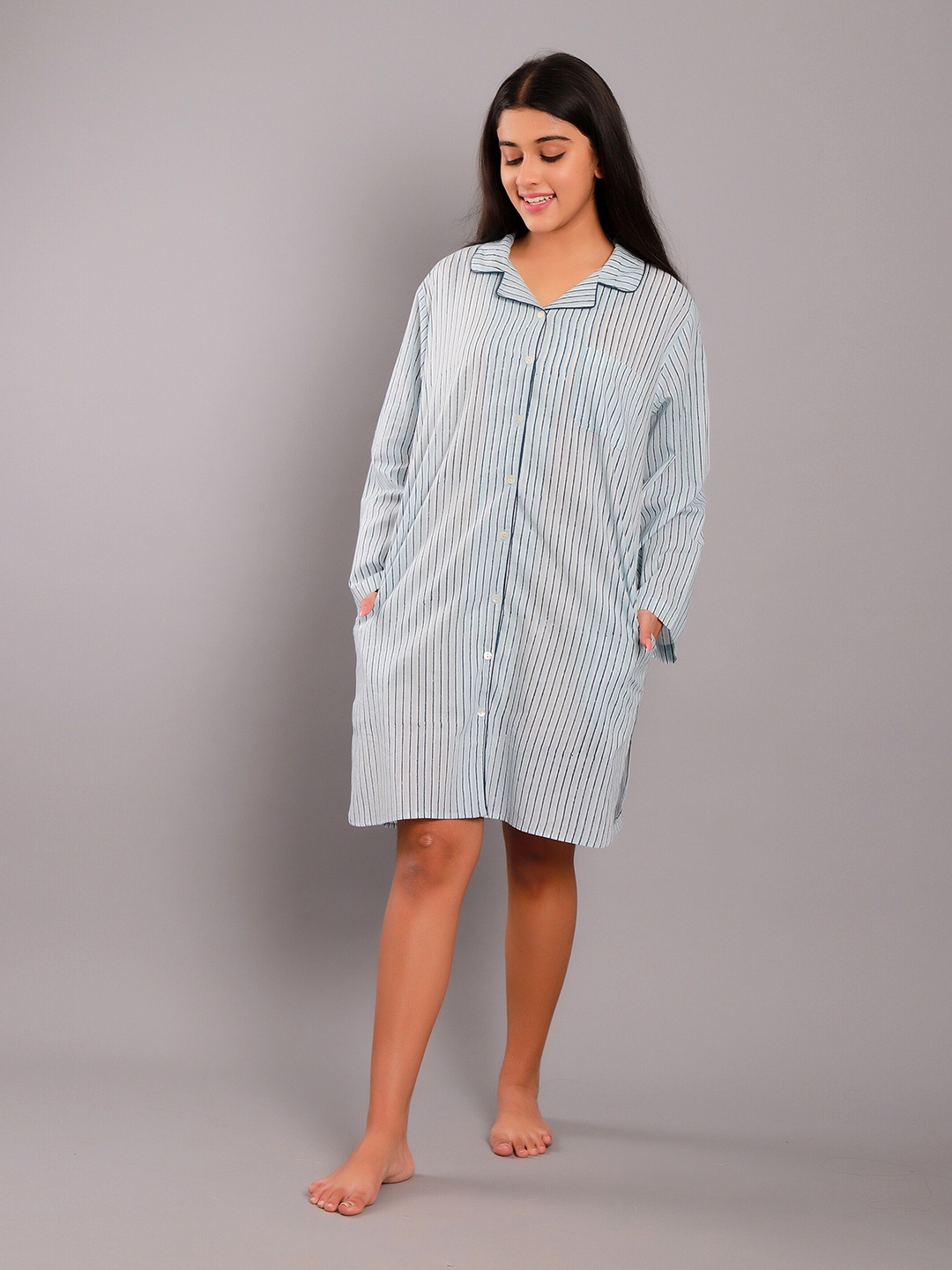 

GAURANCHE Blue Striped Shirt Pure Cotton Nightdress