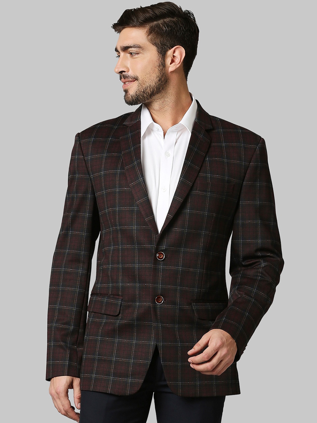 

Park Avenue Men Maroon & Black Checked Single Breasted Blazer