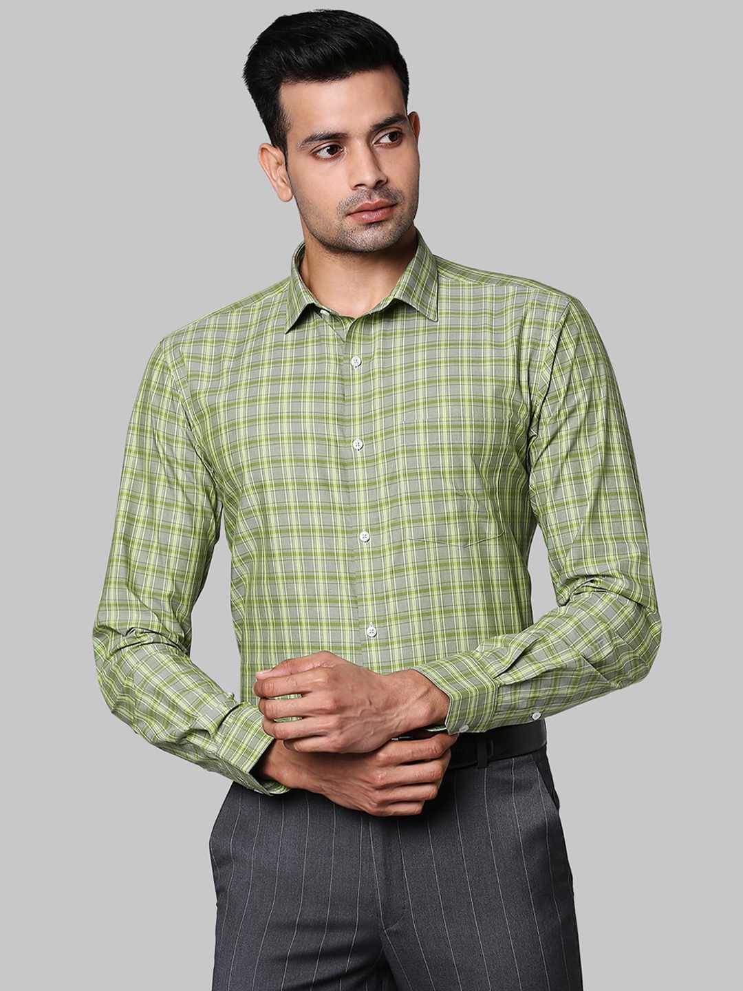 

Park Avenue Men Green Slim Fit Checked Cotton Formal Shirt