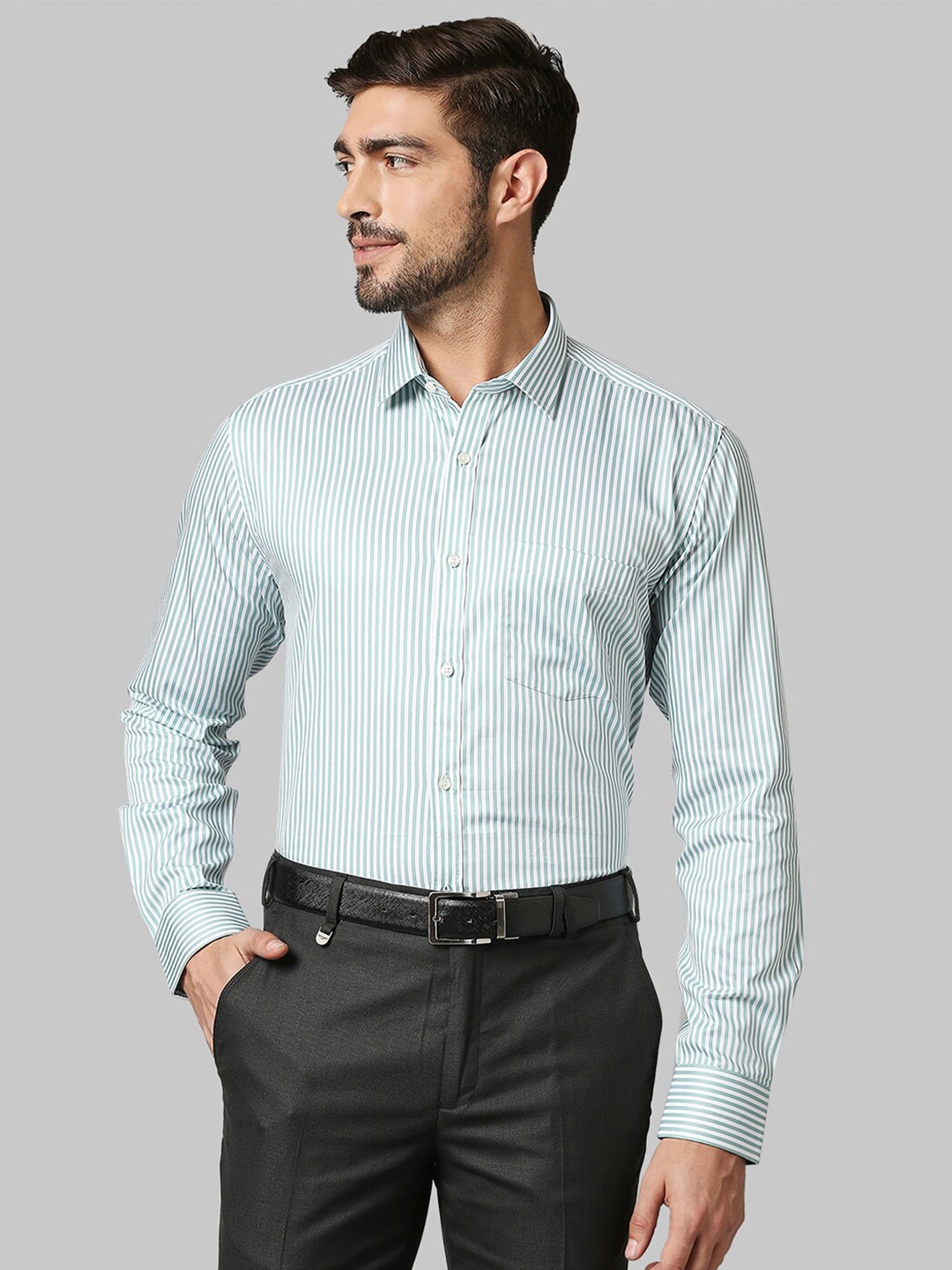

Park Avenue Men Green Slim Fit Striped Formal Shirt