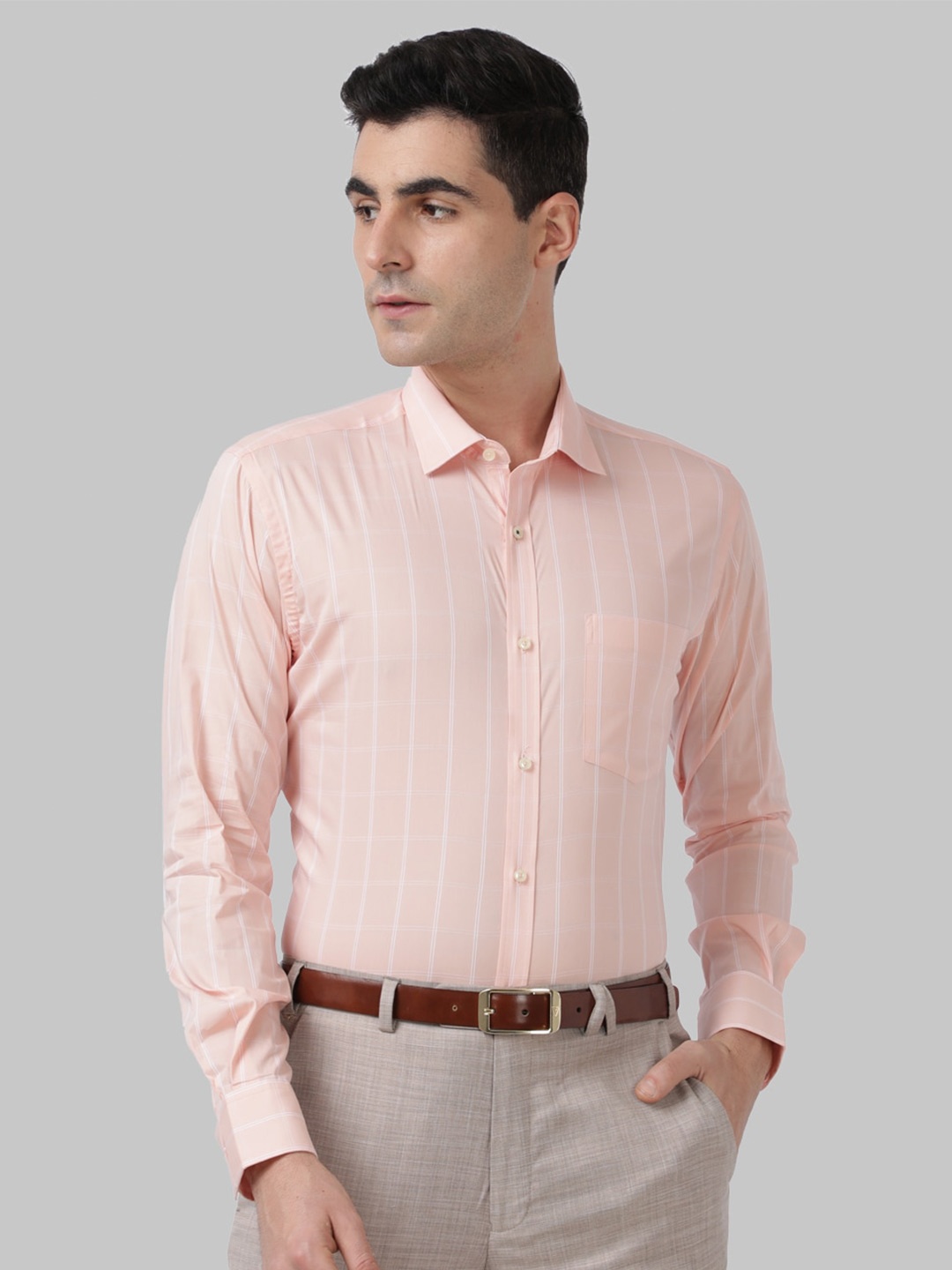 

Park Avenue Men Peach-Coloured Slim Fit Windowpane Checks Checked Formal Shirt