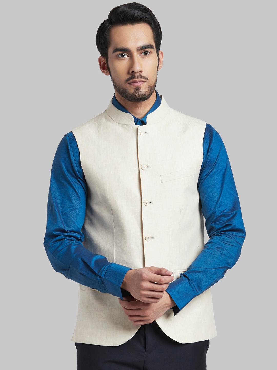 

Parx Men Khaki Solid Linen Nehru Jacket