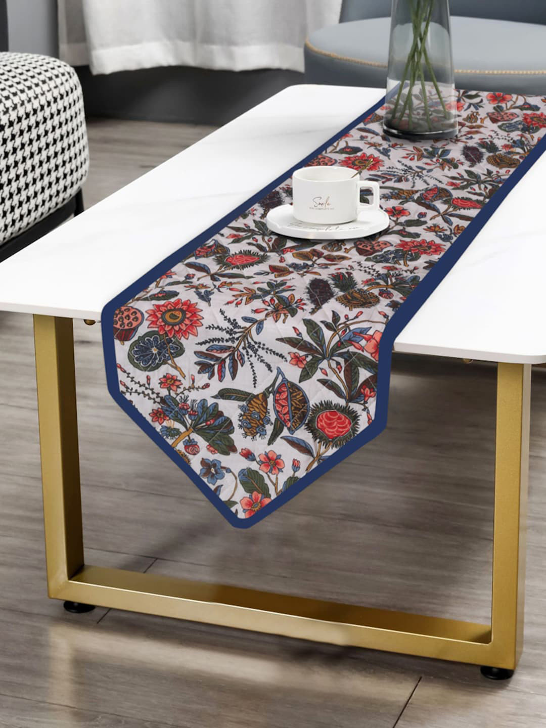 

Rajasthan Decor tWhite & Blue Printed Cotton Runner, White