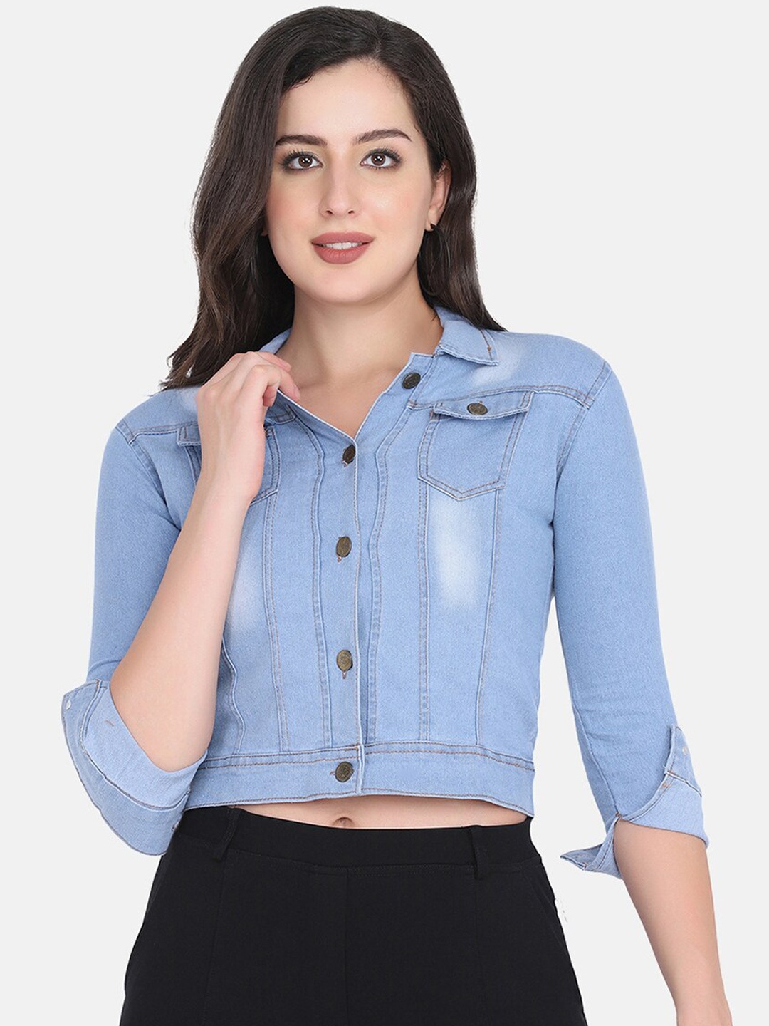 

BUY NEW TREND Women Blue Colourblocked Lightweight Crop Denim Jacket with Patchwork