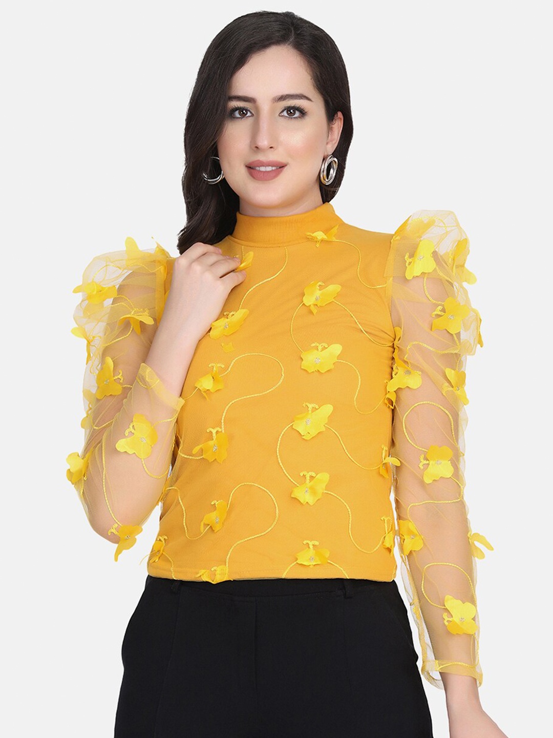 

BUY NEW TREND Yellow Self Design Top