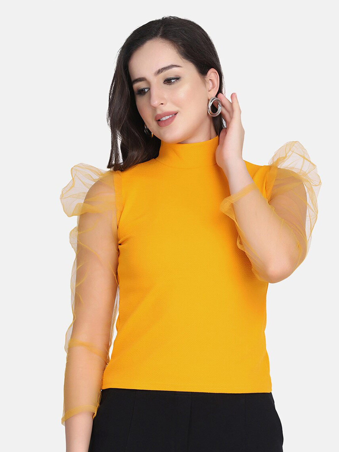 

BUY NEW TREND Yellow Net Bishop Sleeves Knitted Top