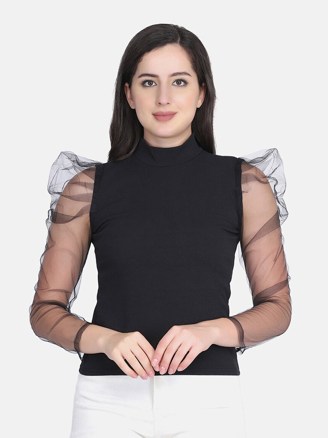 

BUY NEW TREND Black Net Bishop Sleeves Knitted Top