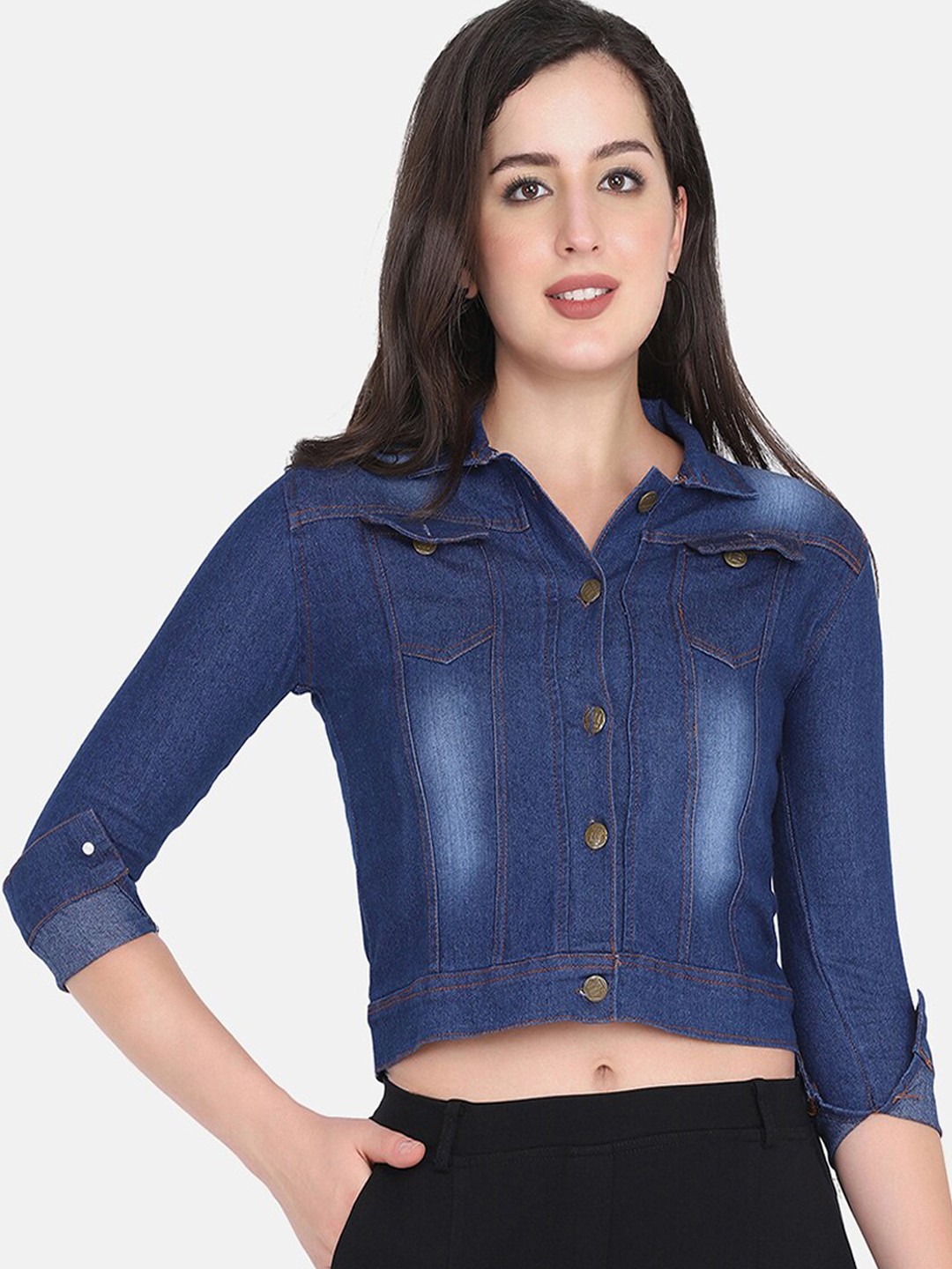 

BUY NEW TREND Women Navy Blue Striped Lightweight Crop Tailored Jacket