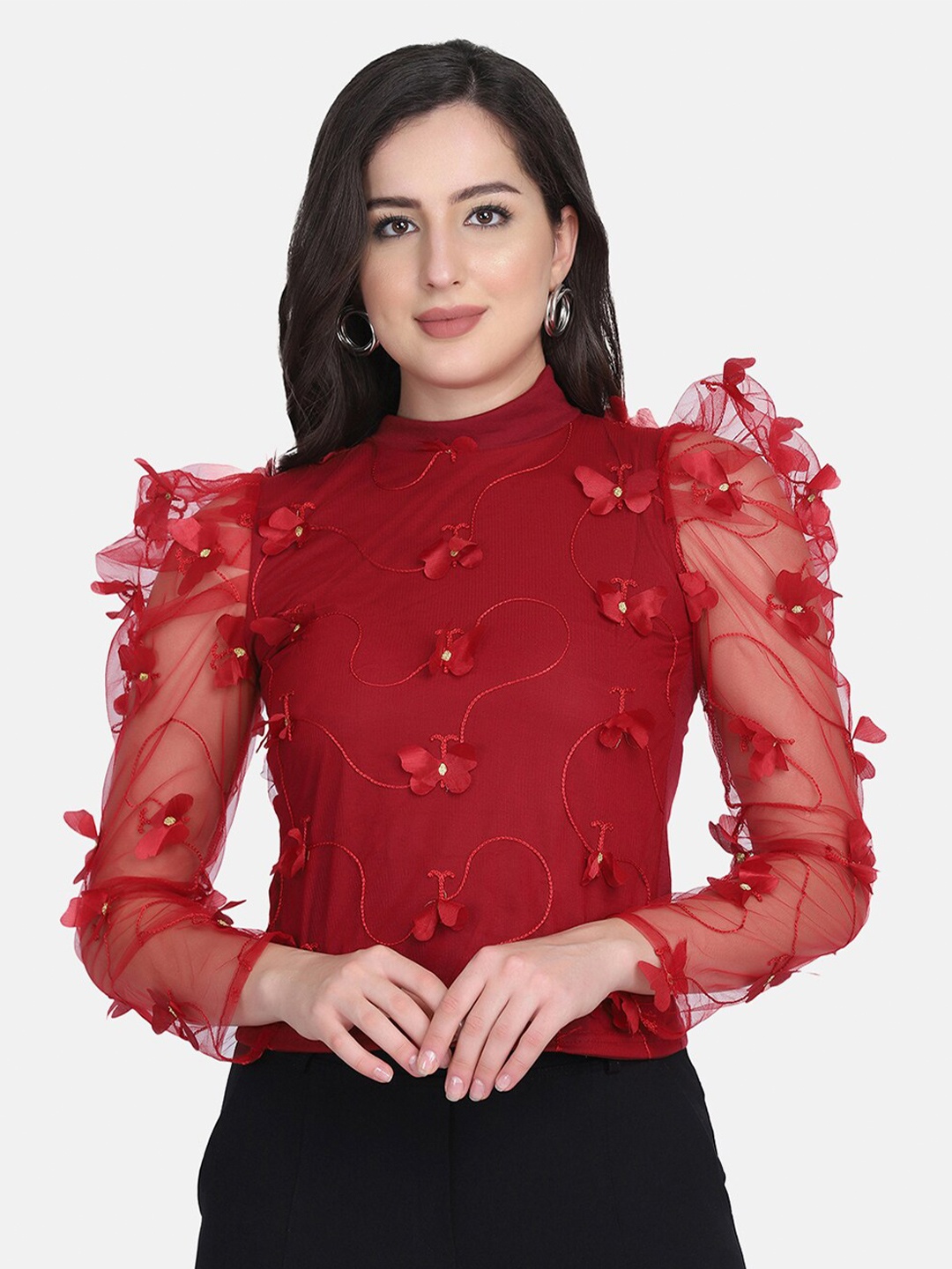

BUY NEW TREND Maroon Self Design Crop Top