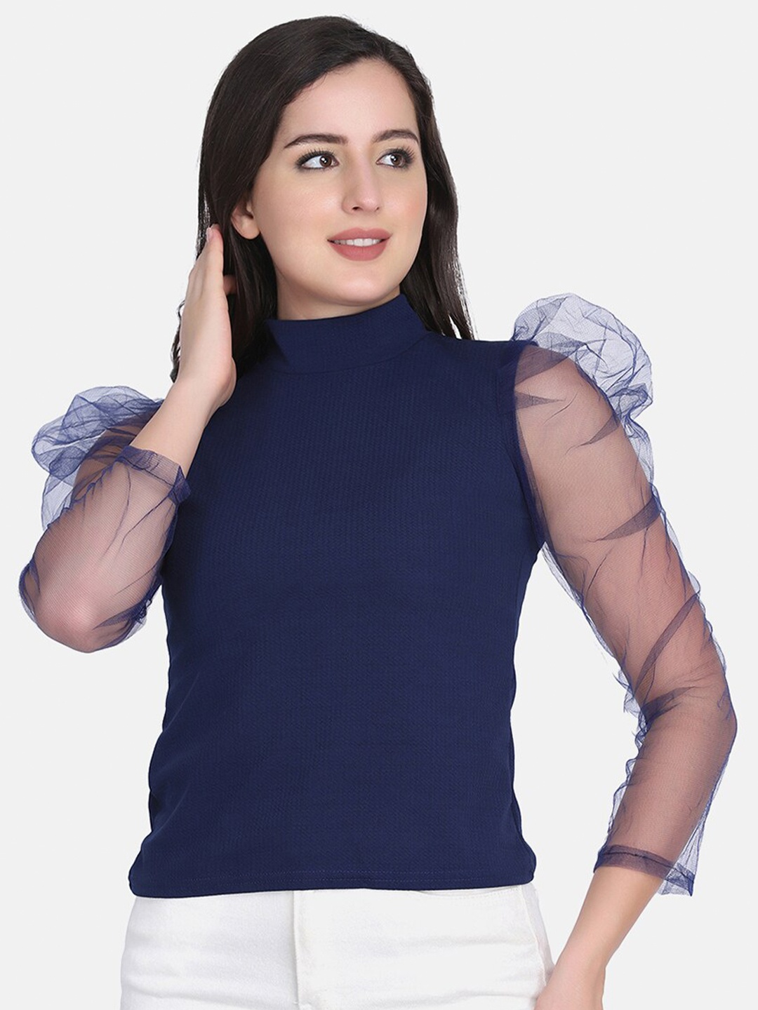 

BUY NEW TREND Navy Blue Puff Sleeves Top