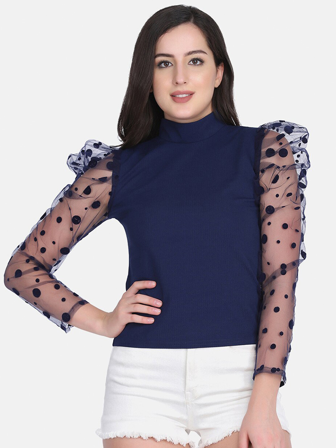 

BUY NEW TREND Navy Blue Bishop Sleeves Knitted Top