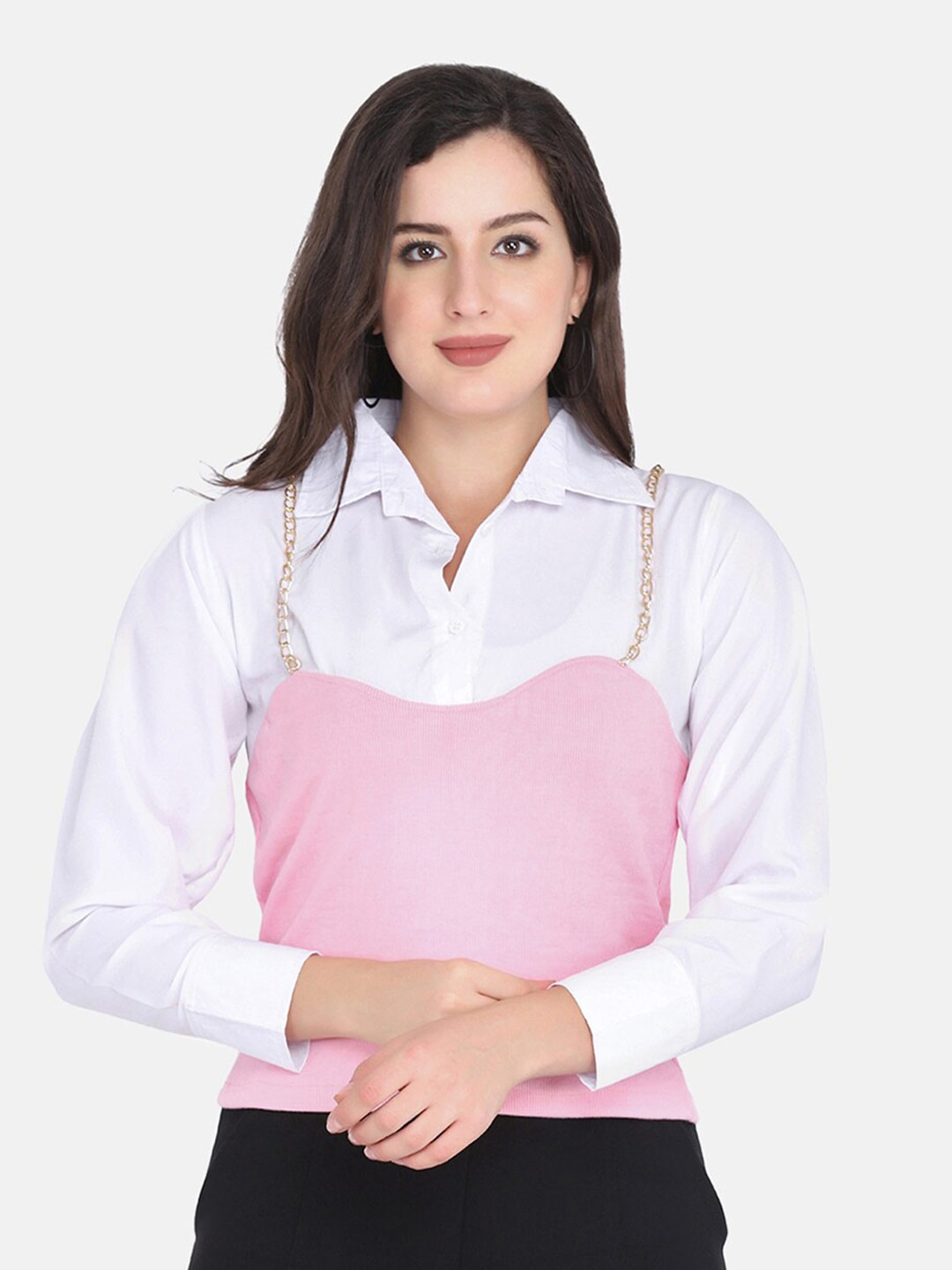 

BUY NEW TREND Pink & Off White Shirt Style Knitted Top