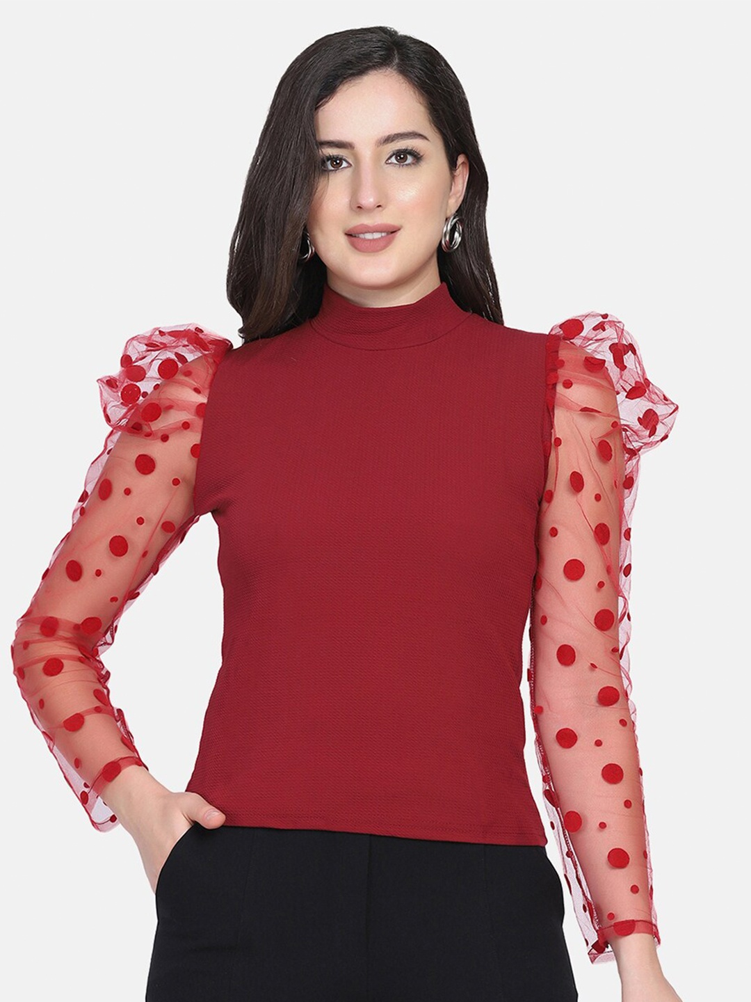 

BUY NEW TREND Maroon Net Puff Sleeves Knitted Top