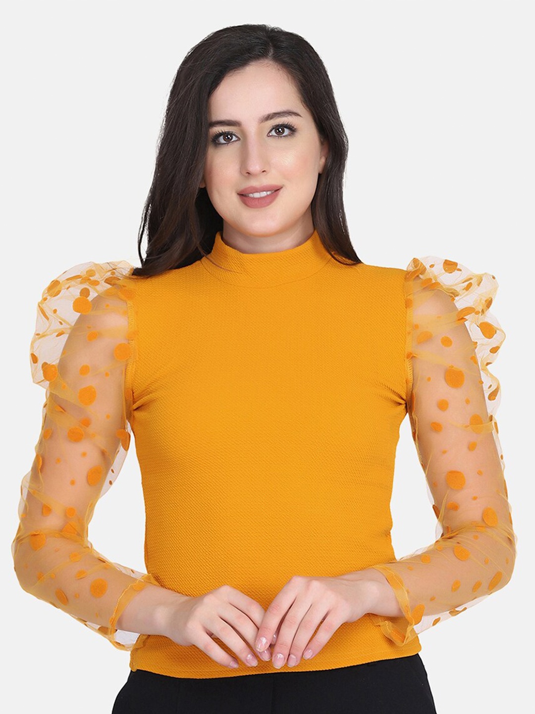 

BUY NEW TREND Yellow Net Puff Sleeves Knitted Top