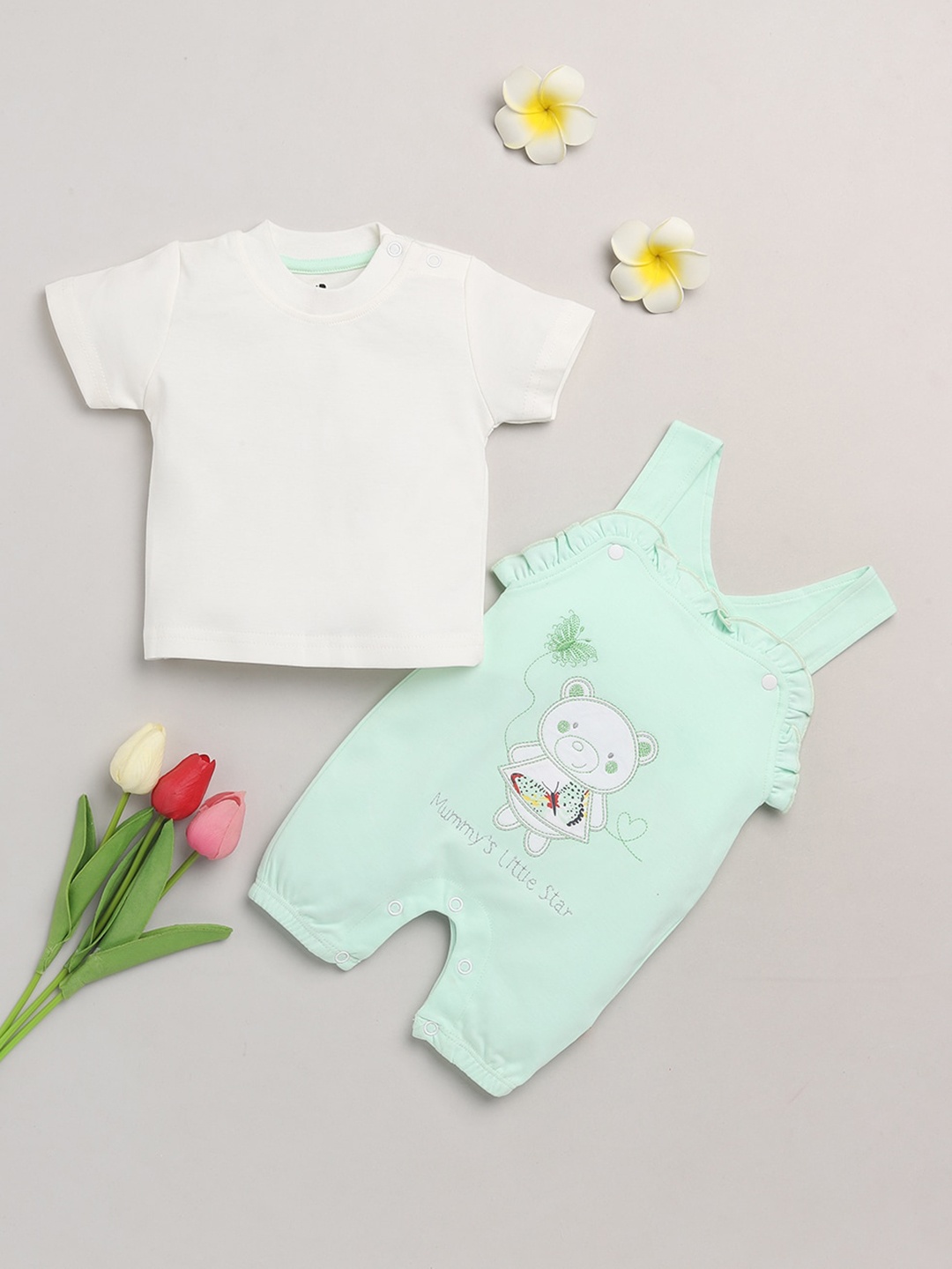 

BRATS AND DOLLS Infant Boys Green & White Printed Cotton Dungarees