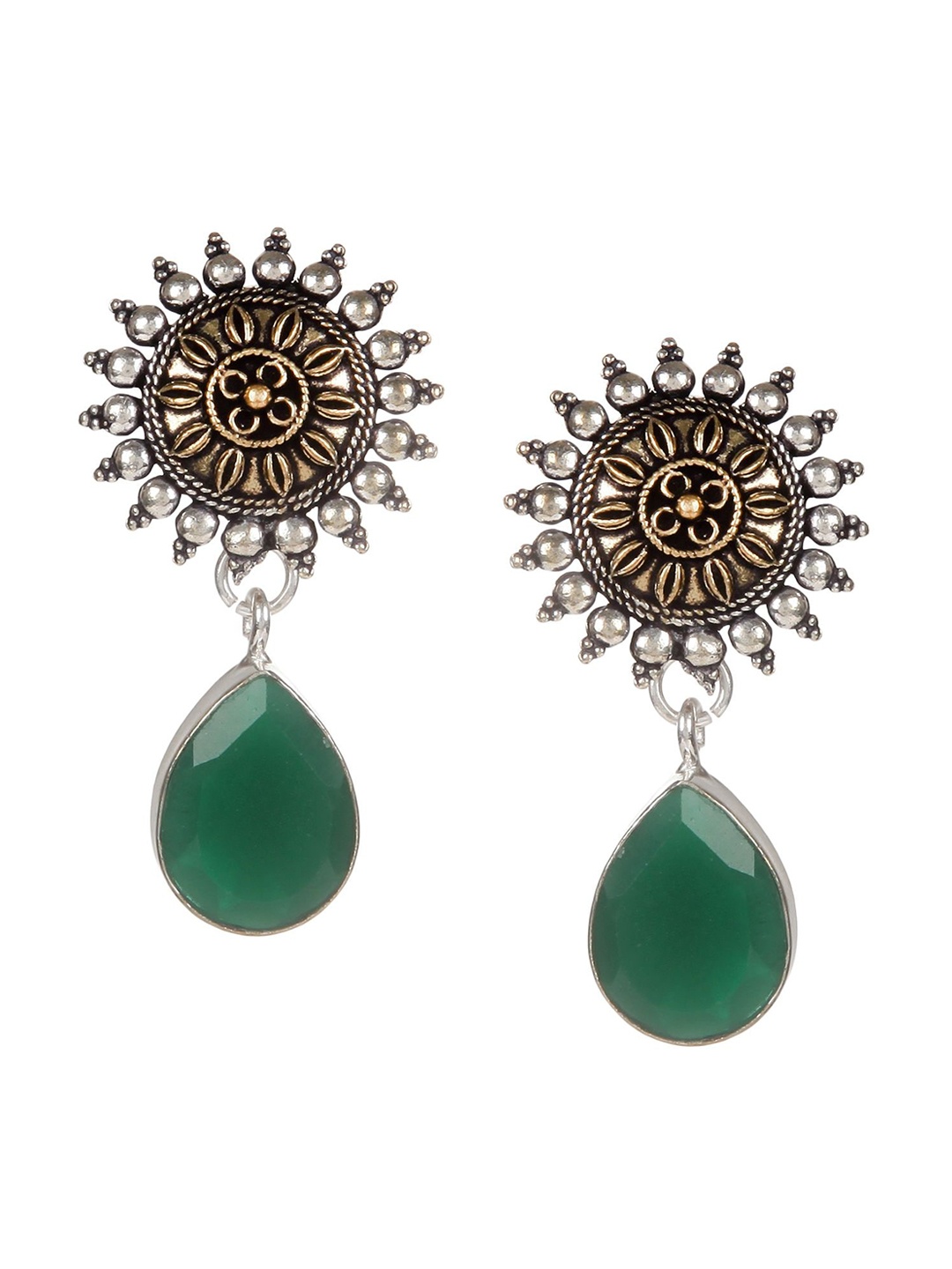 

Bamboo Tree Jewels Silver-Toned & Green Contemporary Drop Earrings
