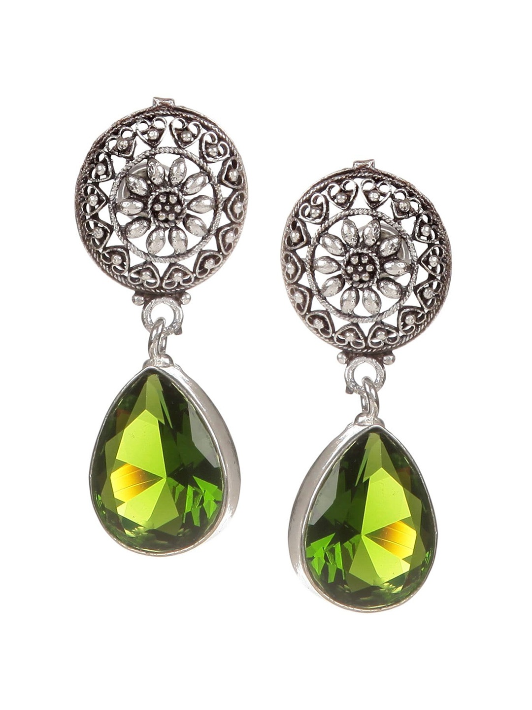 

Bamboo Tree Jewels Silver-Toned & Green Diamond Shaped Drop Earrings