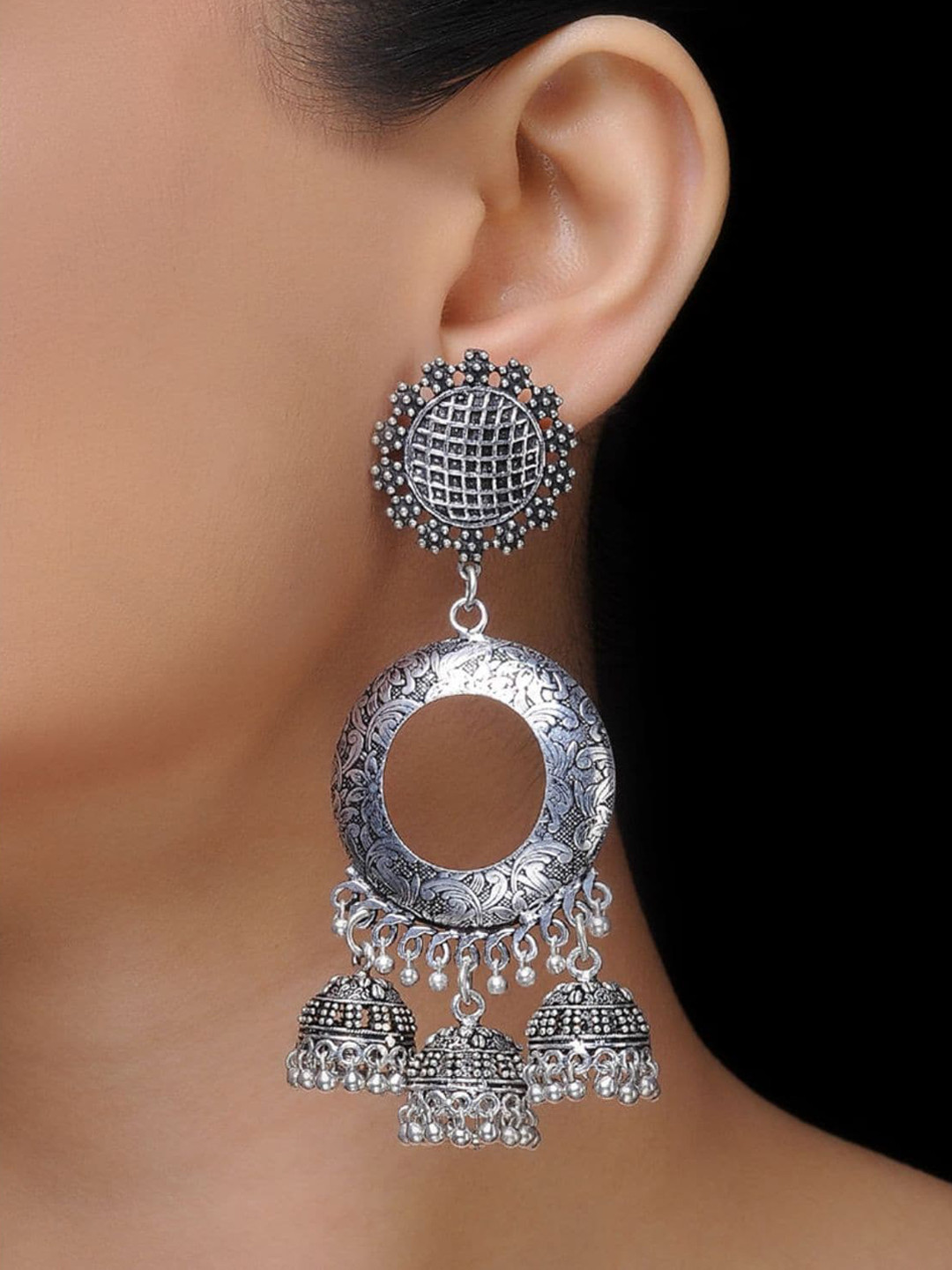 

Bamboo Tree Jewels Silver-Toned Classic Jhumkas Earrings